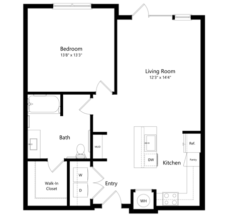 Floor plan for 1 bed, 1 bath, 869 sqft